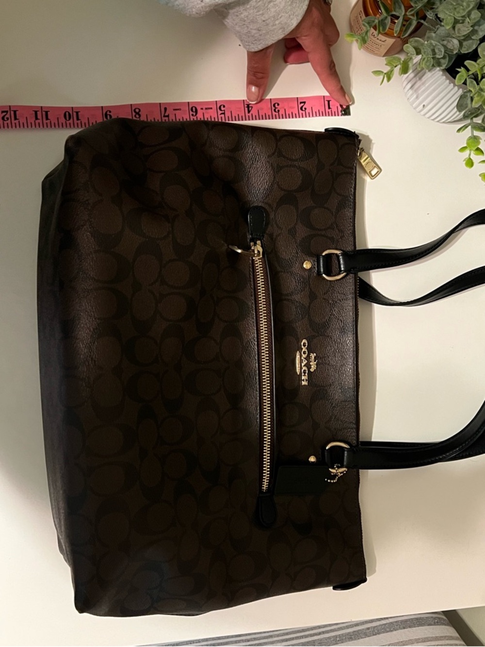 COACH Dark Brown Signature Canvas Tote with Black Straps - Picture 9 of 9